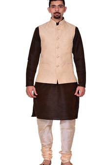 Men's Brown Kurta Gold Pyjami With New Gold Jacket