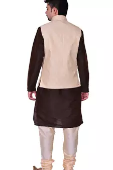 Men's Brown Kurta Gold Pyjami With New Gold Jacket
