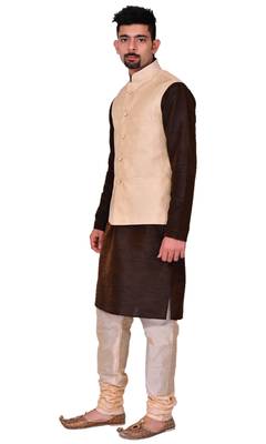 Men's Brown Kurta Gold Pyjami With New Gold Jacket 3