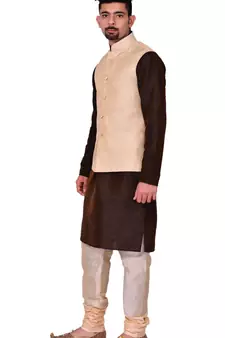 Men's Brown Kurta Gold Pyjami With New Gold Jacket