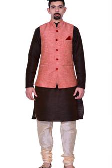 men's Brown Kurta Gold Pyjami With Pink Jacket