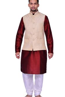 men's Maroon Kurta White Pyjami With New Gold Jacket