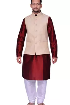 men's Maroon Kurta White Pyjami With New Gold Jacket