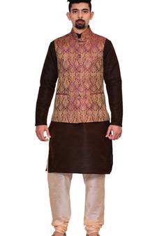 Men's Brown Kurta Gold Pyjami With Purple Jacket