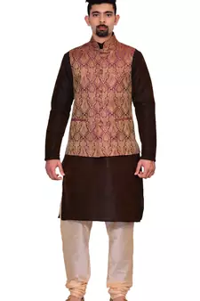 Men's Brown Kurta Gold Pyjami With Purple Jacket