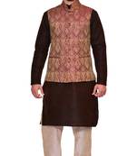 Men's Brown Kurta Gold Pyjami With Purple Jacket