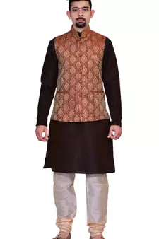 men's Brown Kurta Gold Pyjami With Maroon Jacket