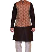 men's Brown Kurta Gold Pyjami With Maroon Jacket