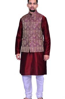 Men's Maroon Kurta White Pyjami With Purple Jacket