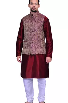 Men's Maroon Kurta White Pyjami With Purple Jacket