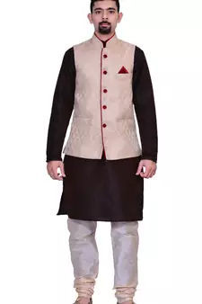 Men's Brown Kurta Gold Pyjami With Gold Jacket