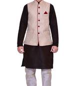Men's Brown Kurta Gold Pyjami With Gold Jacket