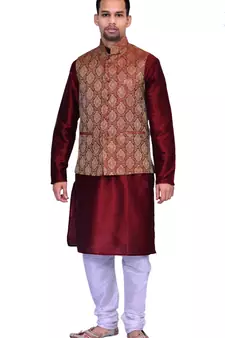 Men's Maroon Kurta White Pyjami With Maroon Jacket
