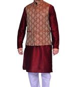 Men's Maroon Kurta White Pyjami With Maroon Jacket