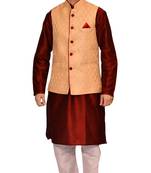Men's Maroon Kurta White Pyjami With Gold Jacket