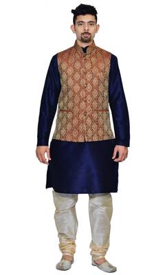Men's Navy Blue Kurta Gold Pyjami With Maroon Jacket 1