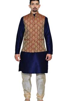 Men's Navy Blue Kurta Gold Pyjami With Maroon Jacket