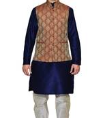 Men's Navy Blue Kurta Gold Pyjami With Maroon Jacket