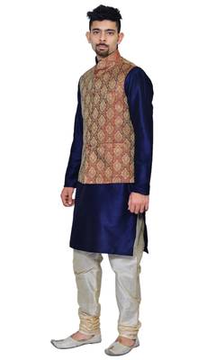 Men's Navy Blue Kurta Gold Pyjami With Maroon Jacket 2
