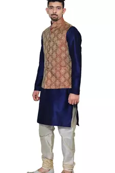 Men's Navy Blue Kurta Gold Pyjami With Maroon Jacket