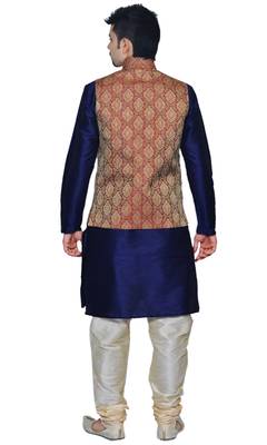 Men's Navy Blue Kurta Gold Pyjami With Maroon Jacket 3