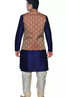 Men's Navy Blue Kurta Gold Pyjami With Maroon Jacket