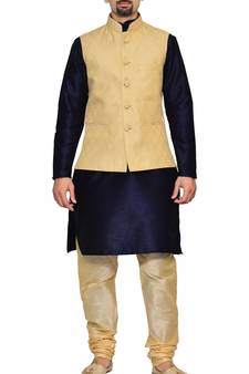 Men's Navy Blue Kurta Gold Pyjami With New Gold Jacket