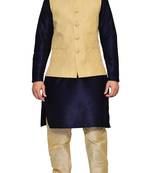 Men's Navy Blue Kurta Gold Pyjami With New Gold Jacket