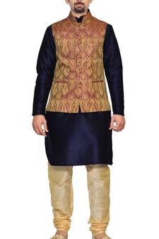 Men's Navy Blue Kurta Gold Pyjami With Purple Jacket