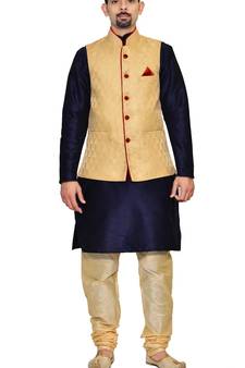 Men's Navy Blue Kurta Gold Pyjami With Gold Jacket