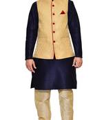 Men's Navy Blue Kurta Gold Pyjami With Gold Jacket
