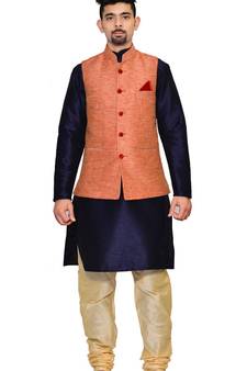 men's Navy Blue Kurta Gold Pyjami With pink Jacket