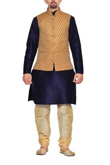 Men's Navy Blue Kurta Gold Pyjami With Bindu Gold Jacket