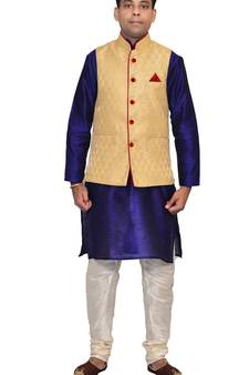 Men's Royal Blue Kurta Cream Pyjami With Gold Jacket