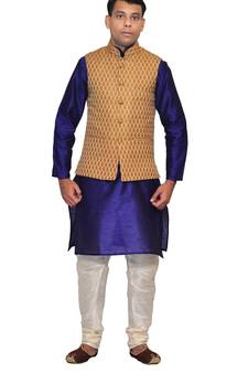 men's Royal Blue Kurta Cream Pyjami With Bindu Gold Jacket