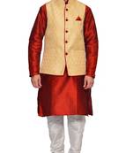 Men's Red Kurta White Pyjami With Gold Jacket