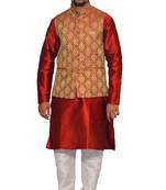 Men's Red Kurta White Pyjami With Maroon Jacket