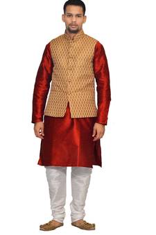 men's Red Kurta White Pyjami With Bindu Gold Jacket