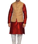 men's Red Kurta White Pyjami With Bindu Gold Jacket