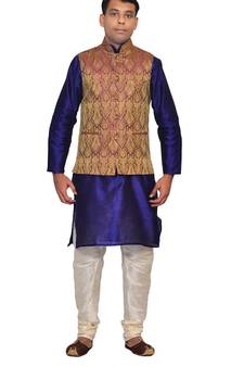 Men's Royal Blue Kurta White Pyjami With Purple Jacket