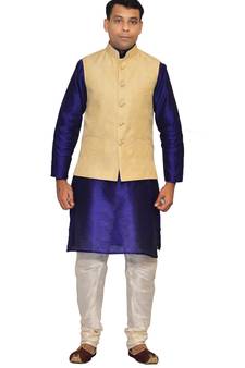 men's Royal Blue Kurta White Pyjami With New Gold Jacket