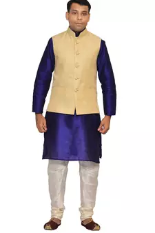 men's Royal Blue Kurta White Pyjami With New Gold Jacket