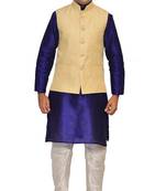 men's Royal Blue Kurta White Pyjami With New Gold Jacket
