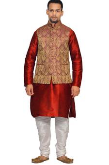 Men's Red Kurta White Pyjami With Purple Jacket Kurta-Pajama
