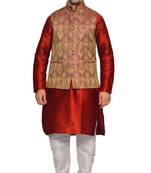 Men's Red Kurta White Pyjami With Purple Jacket Kurta-Pajama