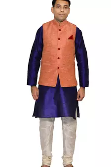 Men's Royal Blue Kurta White Pyjami With Pink Jacket