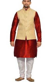 men's Red Kurta White Pyjami With New Gold Jacket