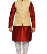 men's Red Kurta White Pyjami With New Gold Jacket