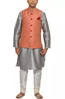 Men's Sliver Kurta White Pyjami With Pink Jacket