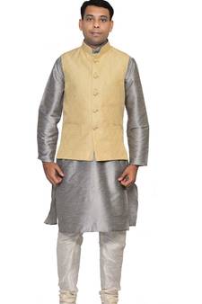 men's Sliver Kurta White Pyjami With New Gold Jacket
